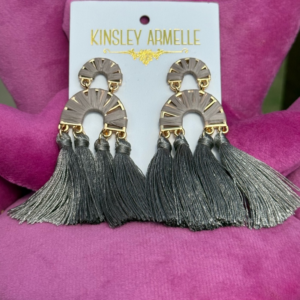 NWT! Kinsley Armelle Charcoal Tassel Earrings with Gold Accents Lightweight